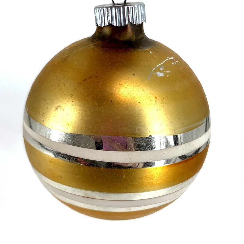 Vintage 1950s Shiny Brite Striped Gold White Stripe Mercury‎ Glass Ornament 3"H